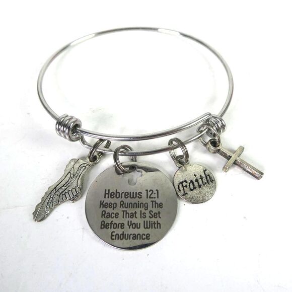 Silver Tone Adjustable Bracelet Dangle Charm Running Hebrews 12:1 Faith Jogging - Picture 1 of 5
